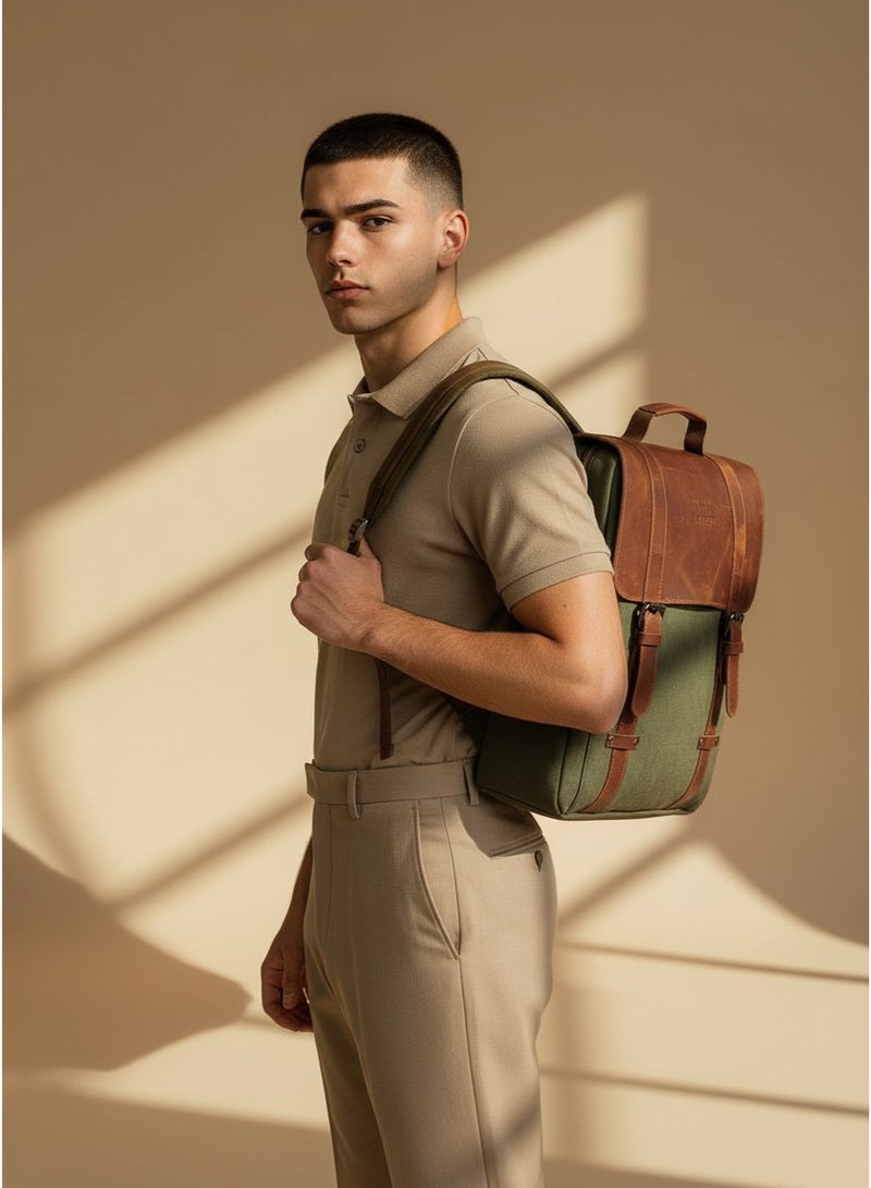 JALEEL Regent City Backpack, Army Green Canvas and Genuine Leather Laptop Bag with Padded Sleeve, Organized Compartments for Work and University - Image 3